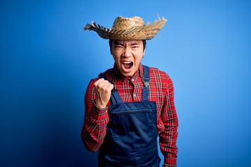 Young handsome chinese farmer man wearing apron and straw hat over blue background angry and mad...