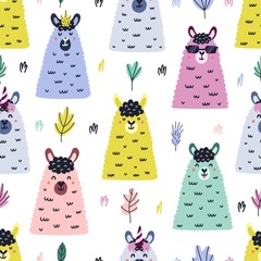 Funny llama faces seamless pattern. Bright background in Scandinavian style with cute lamas © juliyas