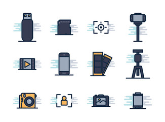 photography line fill block style icon set vector design