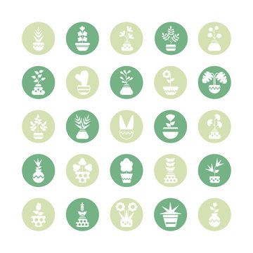 set of icons houseplants with potted, block and flat style icon