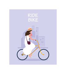 woman with bicycle, label ride bike