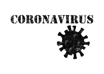 Coronavirus black lettering with hand drawn cell isolated on white background.