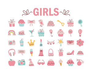 set of icons of color pink for girl