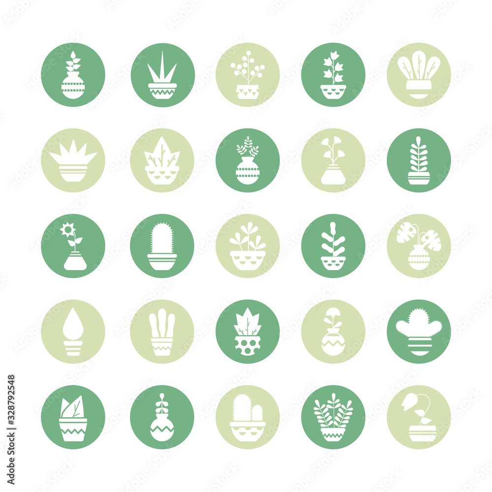 Poster set of icons houseplants with potted, block and flat style icon