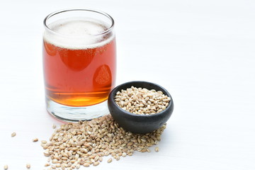 Raw barley grains, released in containers and accompanied by a glass of beer