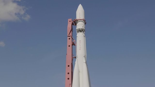 Booster rocket "Vostok" at the pavilion" Space " on VDNCH. Walking Muscovites and tourists.
