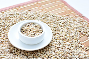 Raw barley grains, displayed in containers on textured background
