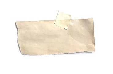 old torn paper with adhesive tape on white background.
