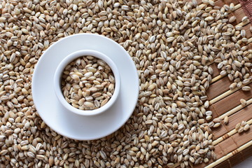 Raw barley grains, displayed in containers on textured background