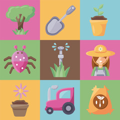 gardening concept icon set, flat detail style