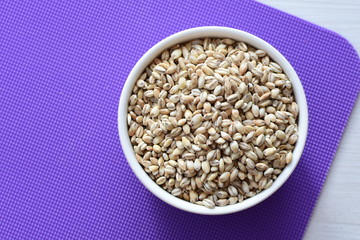 Raw barley grains, displayed in containers on textured background