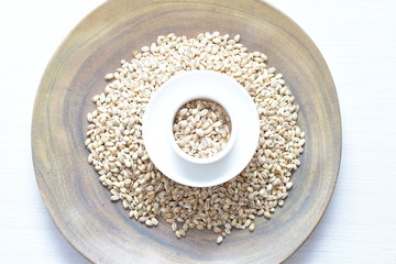 Raw barley grains, displayed in containers on textured background