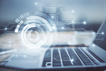 Technology theme drawing and table with computer. Double exposure. Concept of information.