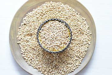  Raw barley grains, displayed in containers on rustic background