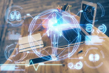 Desktop computer background and education theme drawing. Double exposure. Study concept.