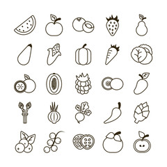 set of icons of fresh fruits and vegetables, line style icon