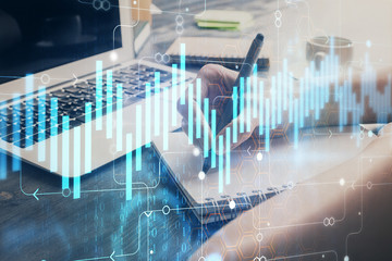 Forex chart displayed on woman's hand taking notes background. Concept of research. Multi exposure