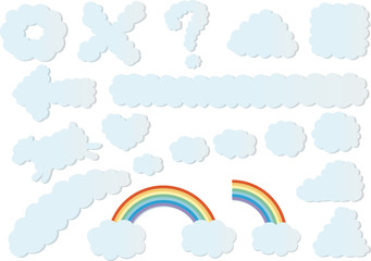 Set of simple white clouds and rainbows on the white background. vector illustration.
