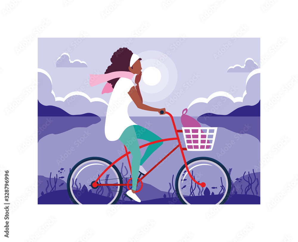 Sticker woman with bicycle, woman with healthy lifestyle