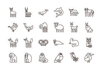 Cute animals cartoons line style icon set vector design