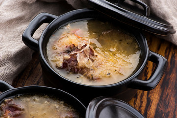 Cabbage soup with meat. Farm-style