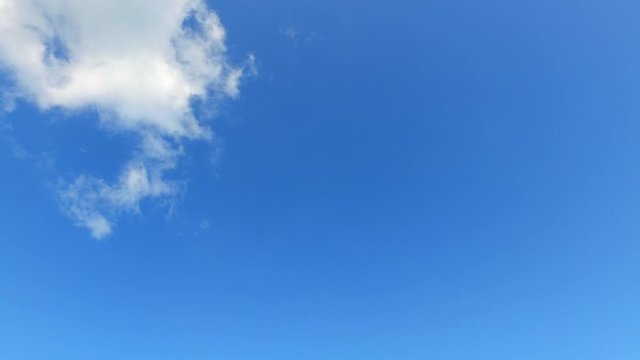 Peaceful blue sky with static beautiful white clouds on tropical vacation destination seen from sea in Vietnam, copy-space