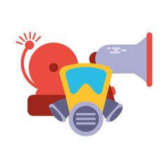 breathing mask with alarm and megaphone on white background