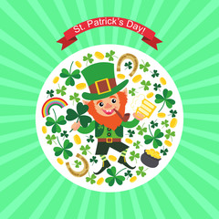 Template for St. Patrick's Day greeting card. Saint Patrick day pot full gold coins rainbow treasure. Cartoon leprechauns.