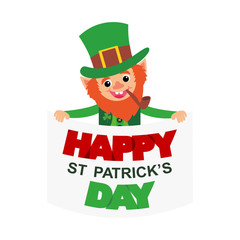 Cheerful leprechaun holds a poster that says 