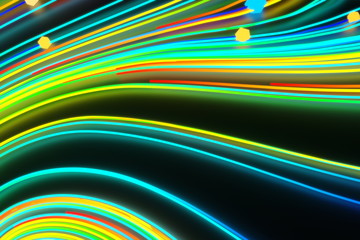 Neon glowing twisted cosmic lines on the glossy surface. Turbulence curls flow colorful motion. Fluid and smooth astronomy vortex swirl structure. 3d rendering Abstract creative modern background