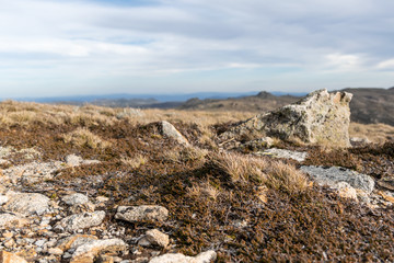 Beautiful and moody low angle evening view of the mountain landscape & grass seen from the summit of Mount Kosciuszko (2228m above sea level), Australia's highest summit in the Snowy mountains range.
