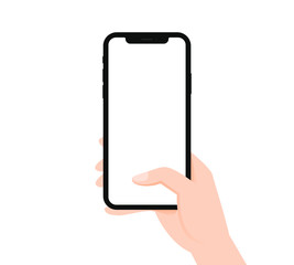 White woman hand hold phone vertical first person view blank template clip art flat design vector EPS 10