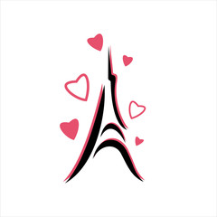 Eiffel Tower with hearts hand drawn. Decorative sketch silhouette. Typography background. France travel holiday concept. French graphic design for apparel, card, poster, t shirt. Vector illustration.