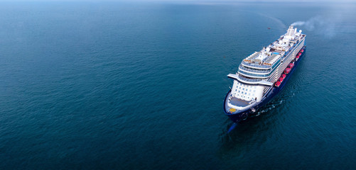 Aerial view of beautiful white and black cruise ship above luxury cruise in the ocean sea  concept tourism travel on holiday take a vacation time on summer, webinar banner