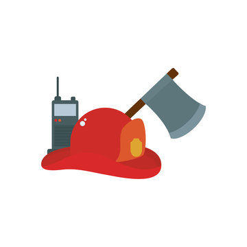 firefighter hat axe and hand radio flat style icon vector design