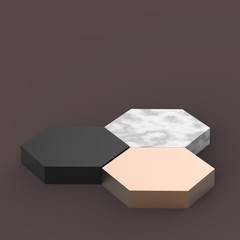 3d copper gold black and white marble hexagon podium minimal studio brown color background. Abstract 3d geometric shape object illustration render. Display for cosmetics and beauty fashion product.