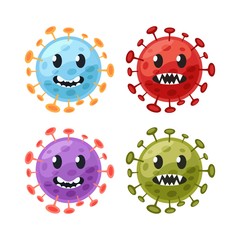 Set of cartoon emoticon human virus or bacteria isolated on white background.