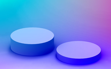 3d purple blue neon light cylinder podium minimal studio gradient dark colors background. Abstract 3d geometric shape object illustration render. Display for nightclub party and technology product.