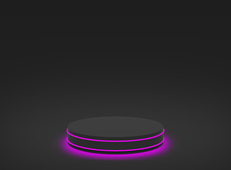 3d pink neon light with black cylinder podium minimal studio black dark background. Abstract 3d geometric shape object illustration render. Display for technology and business game product.