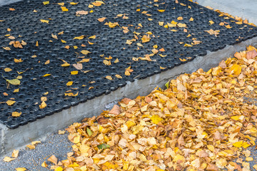 Autumn dry leaves from trees on threshold of house with rubber mat for shoes.