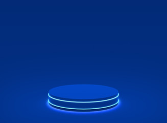 3d blue neon light cylinder podium minimal studio blue dark background. Abstract 3d geometric shape object illustration render. Display for technology product.