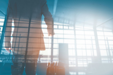 Businessman with luggage double exposure on airport terminal background, Business travel concept with copy space