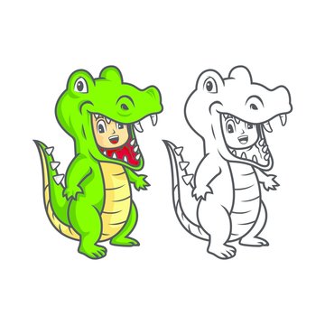 Illustration of Kids Wearing Dinosaur Costumes. for coloring book