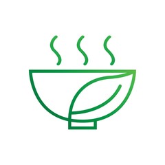 Outline healthy soup logo with bowl and leaf