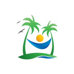 Obraz premium Beach logo with palm tree and sun