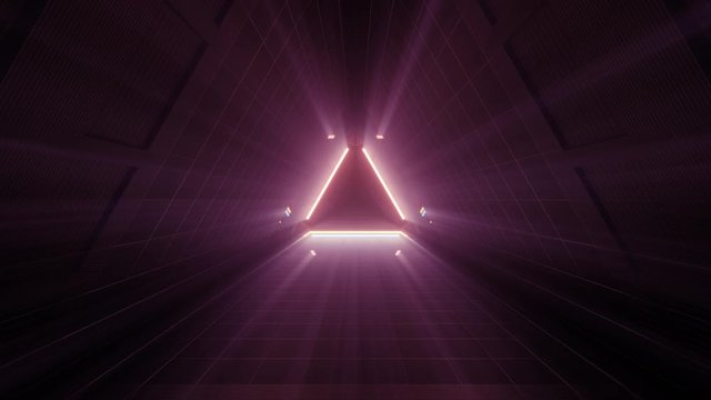Pink triangle shape hallway in futuristic glass space ship design, loop-able 3d cgi rendering motion animation