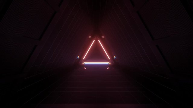 Red and blue three side shape hall way in futuristic glass space ship design, loop-able 3d cgi rendering motion animation