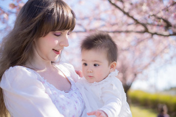 Fototapeta na wymiar 赤ちゃんとお母さんと桜の木