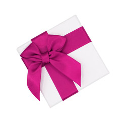 Closeup white gift box with pink ribbon isolated on white background with clipping path, Christmas and new year's day concept
