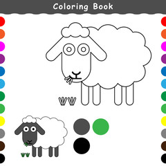 the sheep is eating grass, a coloring book illustration vector, clean flat design, cartoon geometric style